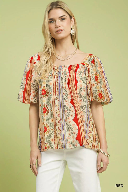 Umgee Patchwork Puff Sleeve Smocked Blouse - Bitsy Gypsy Boutique