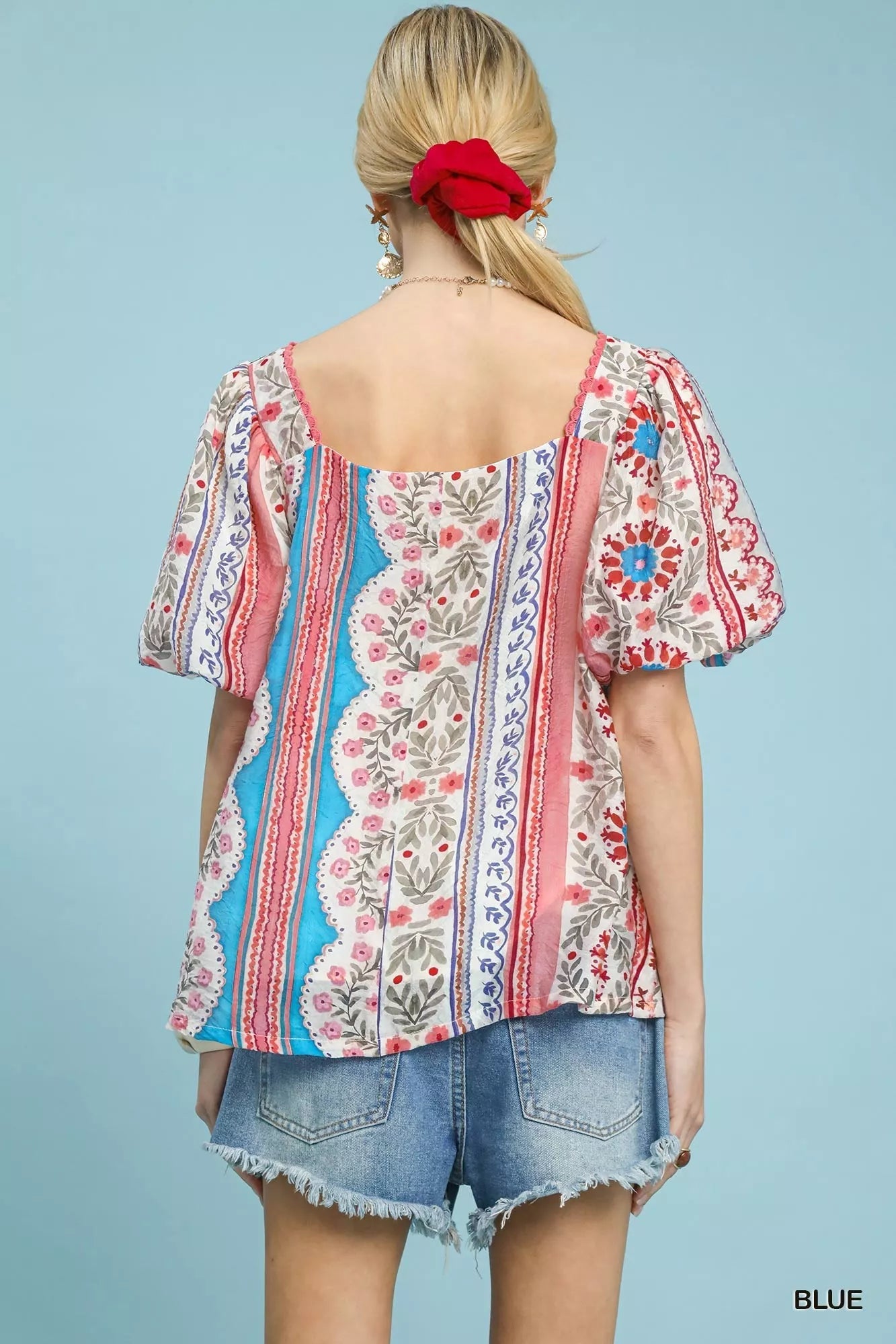 Umgee Patchwork Puff Sleeve Smocked Blouse - Bitsy Gypsy Boutique