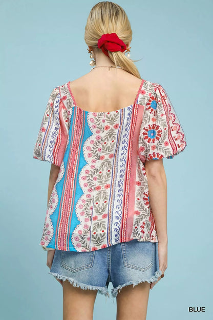 Umgee Patchwork Puff Sleeve Smocked Blouse - Bitsy Gypsy Boutique