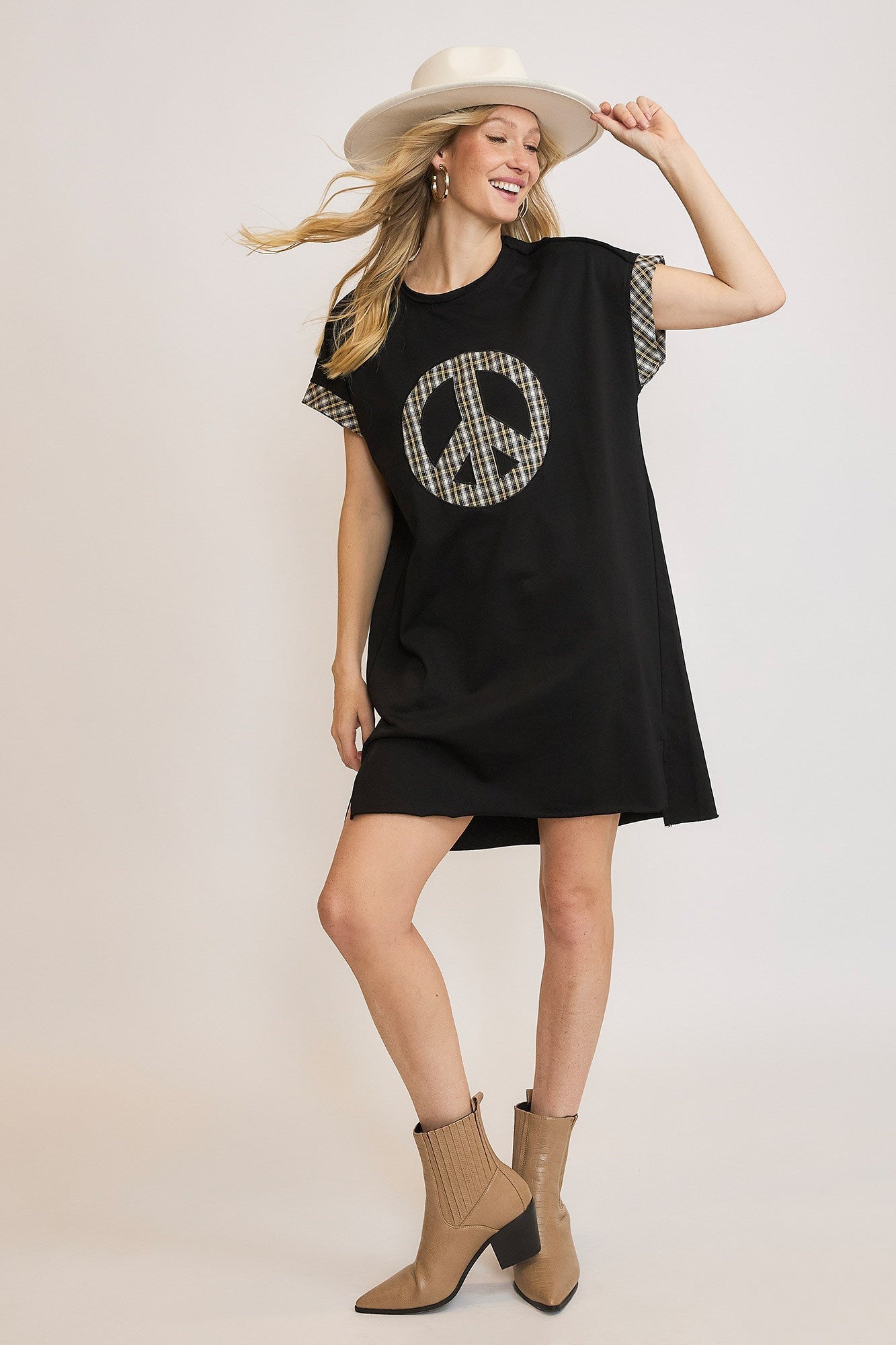 Umgee Peace Plaid Applique Short Sleeve Mini Dress - Bitsy Gypsy Boutique