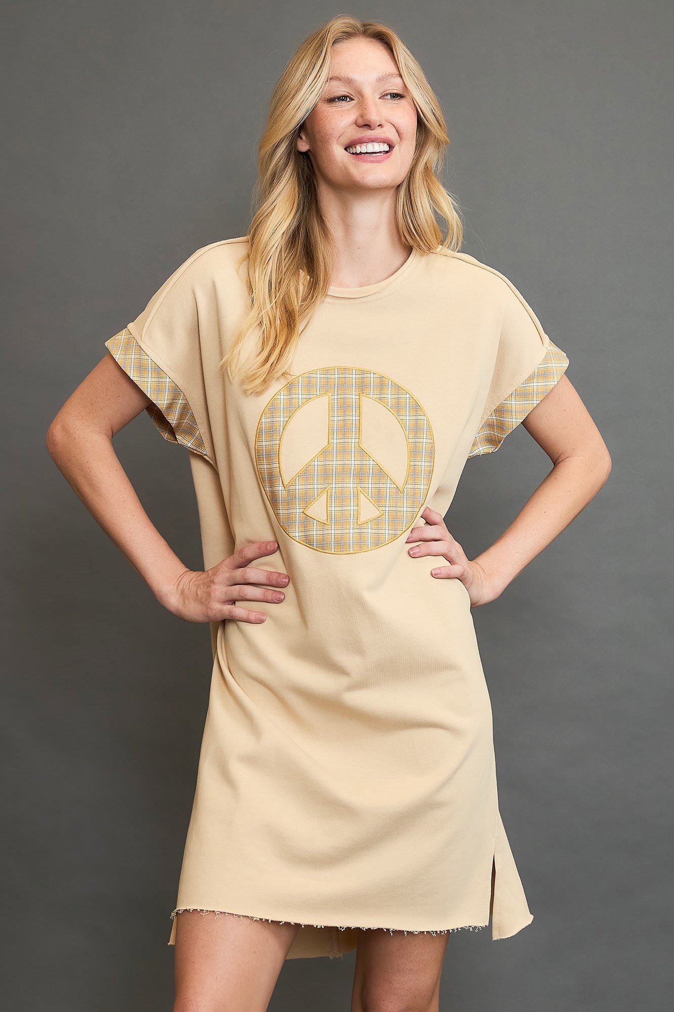 Umgee Peace Plaid Applique Short Sleeve Mini Dress - Bitsy Gypsy Boutique