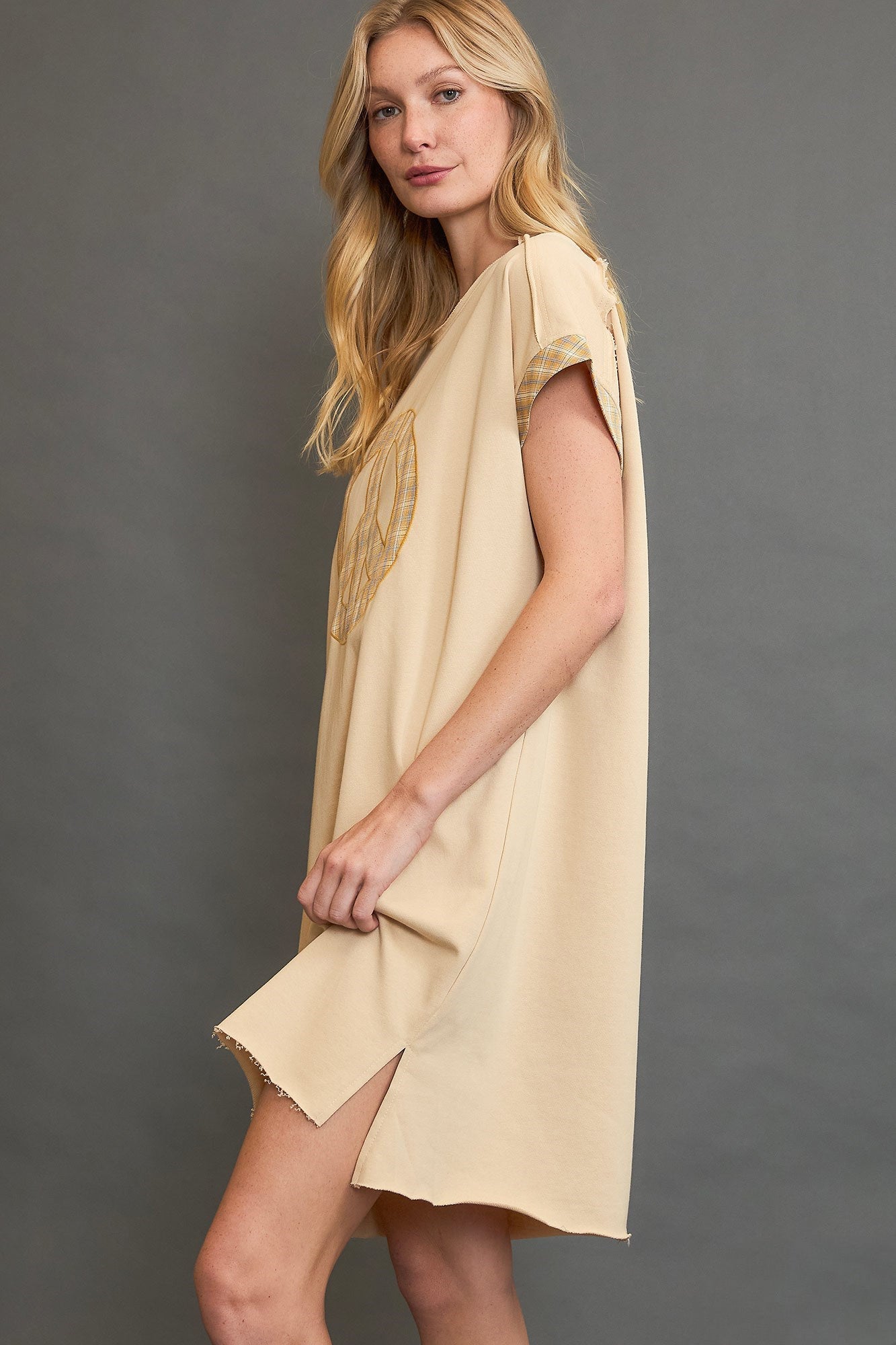 Umgee Peace Plaid Applique Short Sleeve Mini Dress - Bitsy Gypsy Boutique