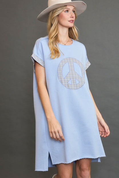 Umgee Peace Plaid Applique Short Sleeve Mini Dress - Bitsy Gypsy Boutique