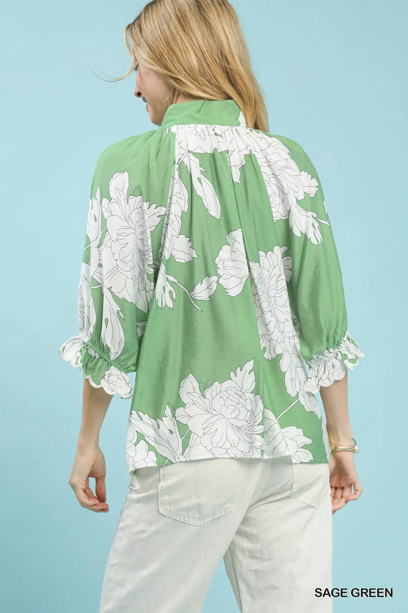 Umgee Peony Illustration Print Flounce Sleeve Blouse - Bitsy Gypsy Boutique