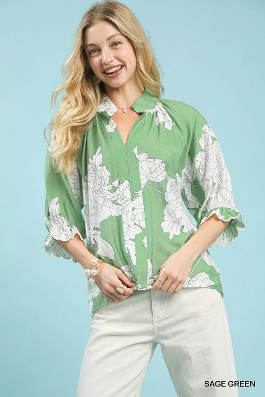 Umgee Peony Illustration Print Flounce Sleeve Blouse - Bitsy Gypsy Boutique