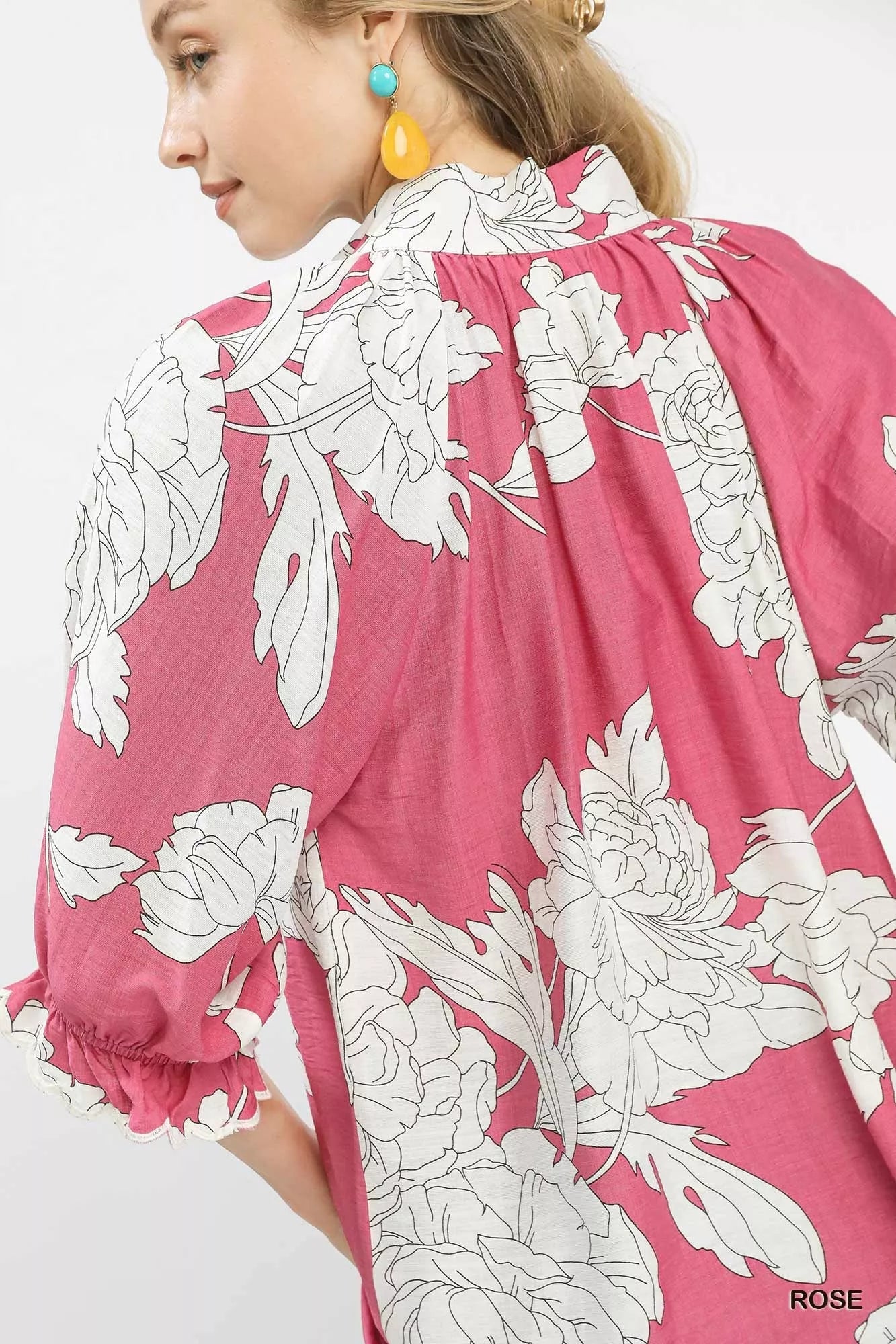 Umgee Peony Illustration Print Flounce Sleeve Blouse - Bitsy Gypsy Boutique