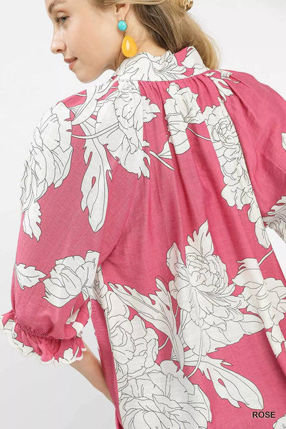 Umgee Peony Illustration Print Flounce Sleeve Blouse - Bitsy Gypsy Boutique