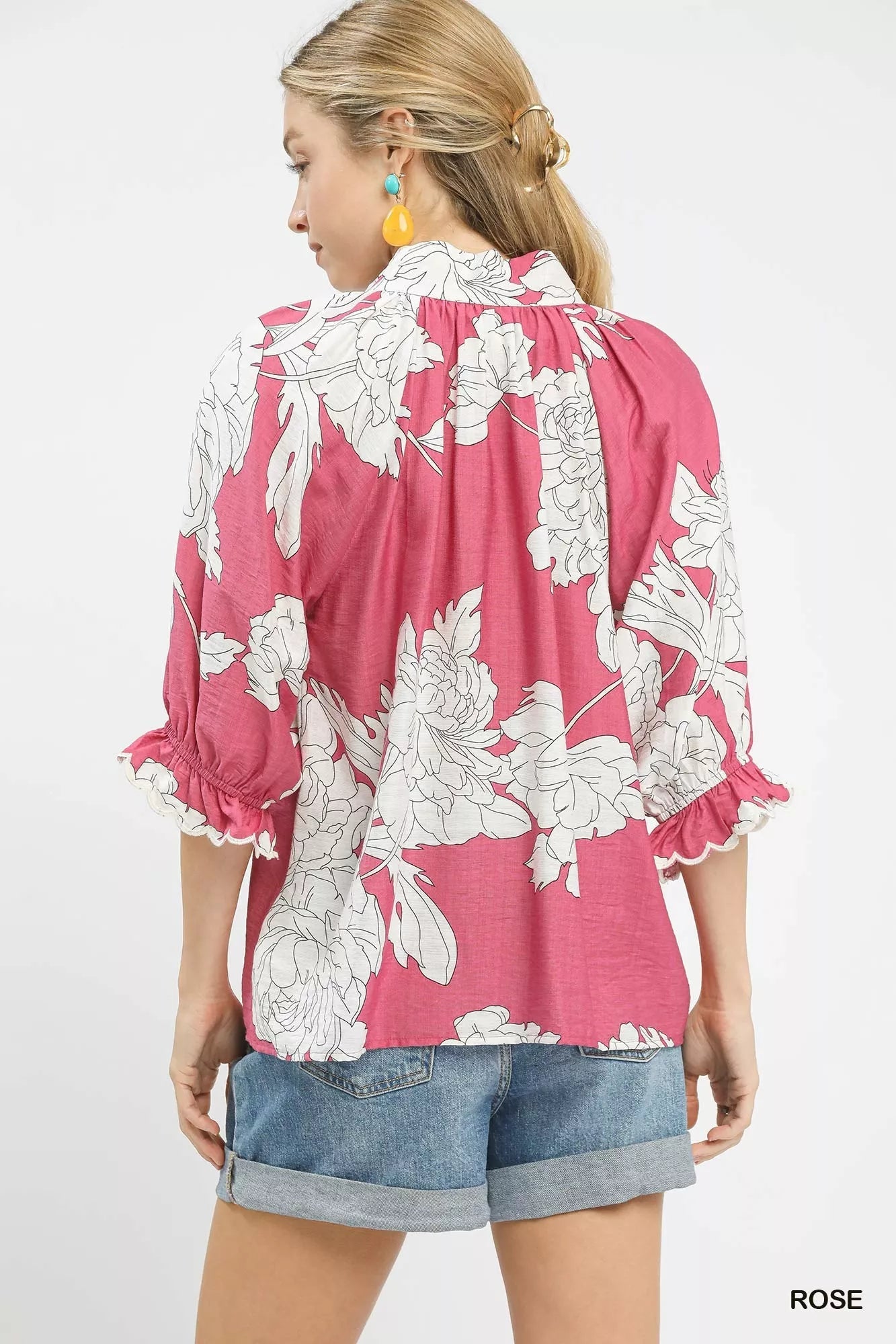 Umgee Peony Illustration Print Flounce Sleeve Blouse - Bitsy Gypsy Boutique