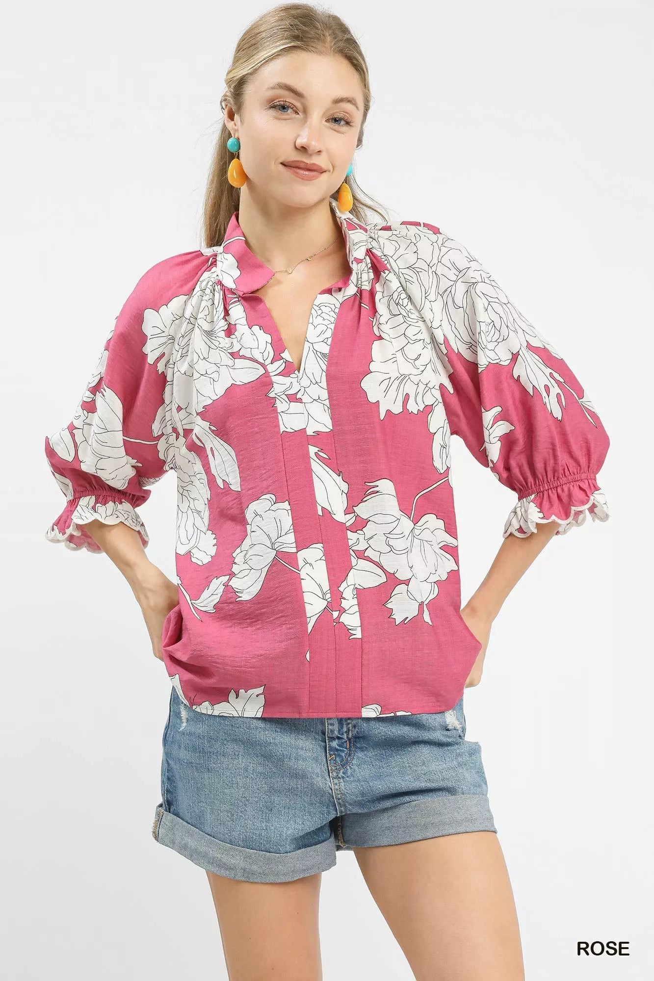 Umgee Peony Illustration Print Flounce Sleeve Blouse - Bitsy Gypsy Boutique