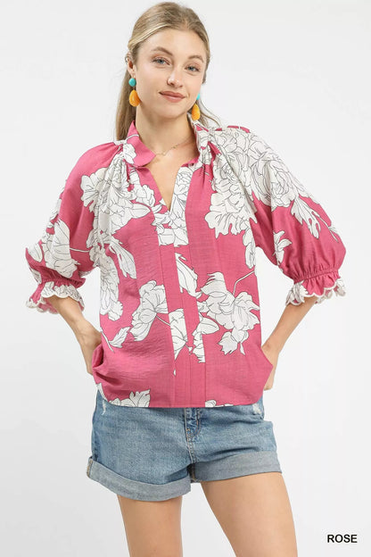 Umgee Peony Illustration Print Flounce Sleeve Blouse - Bitsy Gypsy Boutique