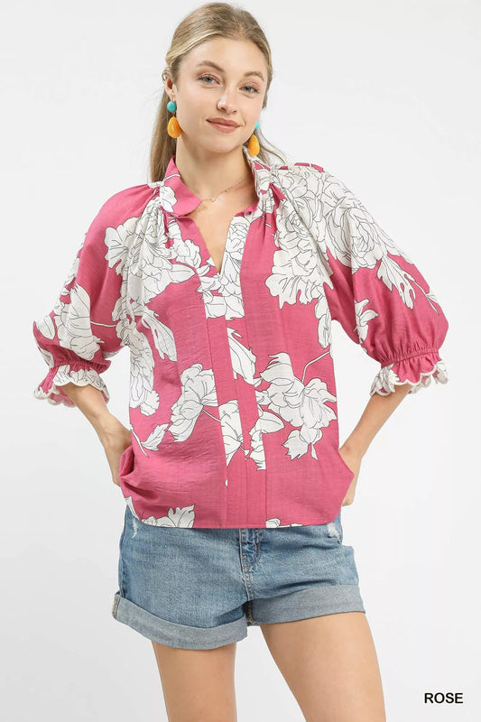 Umgee Peony Illustration Print Flounce Sleeve Blouse - Bitsy Gypsy Boutique
