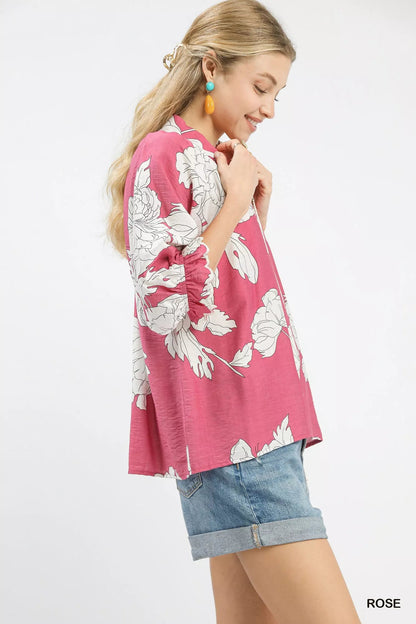 Umgee Peony Illustration Print Flounce Sleeve Blouse - Bitsy Gypsy Boutique