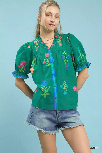 Umgee Petal Parade Print Button - Down Blouse - Bitsy Gypsy Boutique