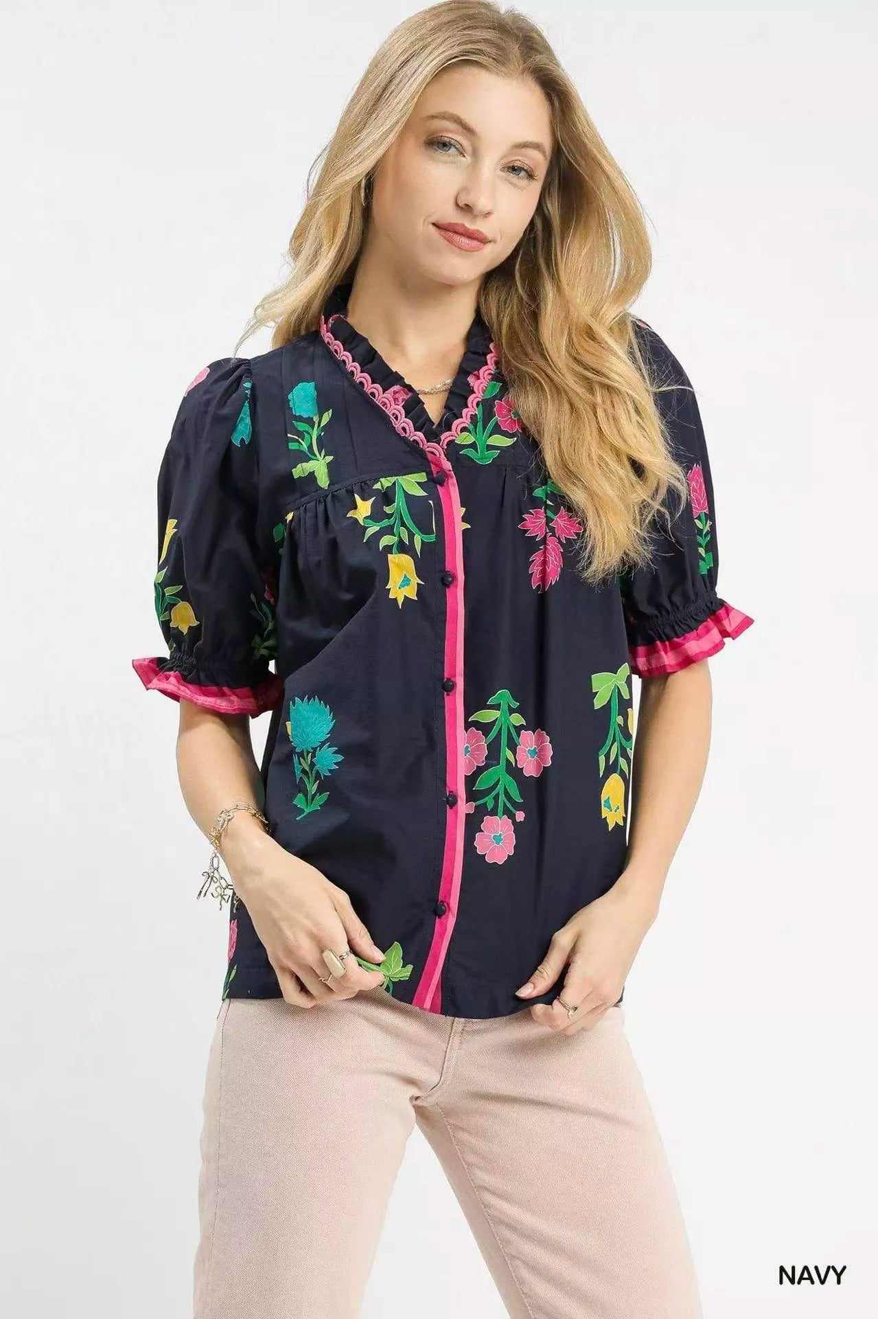 Umgee Petal Parade Print Button - Down Blouse - Bitsy Gypsy Boutique