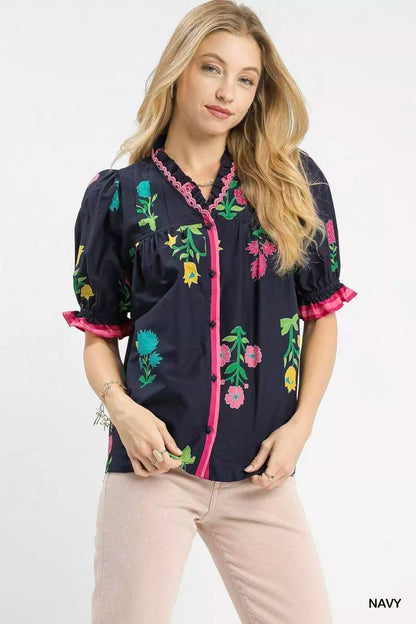Umgee Petal Parade Print Button - Down Blouse - Bitsy Gypsy Boutique