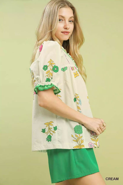 Umgee Petal Parade Print Button - Down Blouse - Bitsy Gypsy Boutique