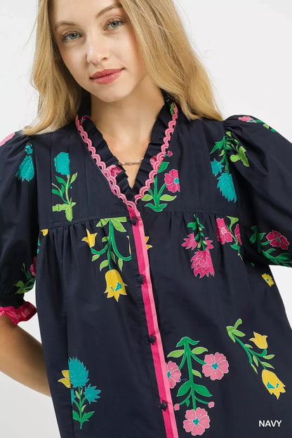 Umgee Petal Parade Print Button - Down Blouse - Bitsy Gypsy Boutique