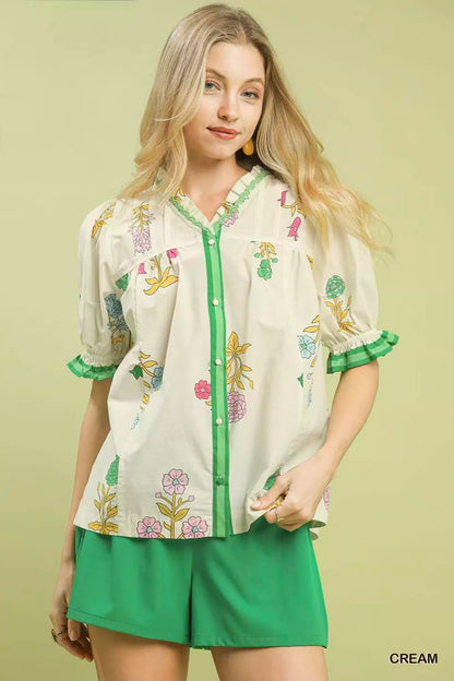 Umgee Petal Parade Print Button - Down Blouse - Bitsy Gypsy Boutique