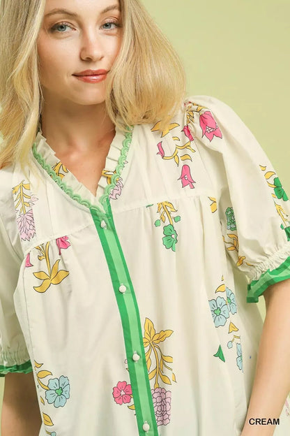 Umgee Petal Parade Print Button - Down Blouse - Bitsy Gypsy Boutique