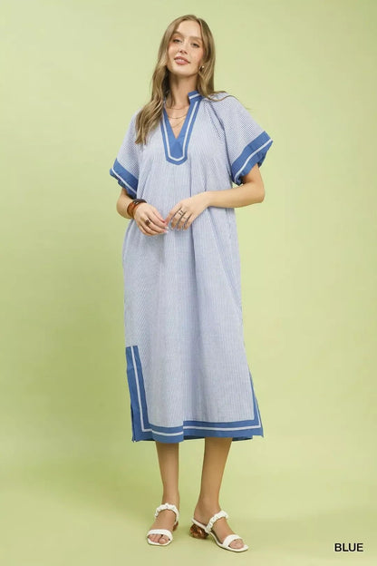Umgee Pinstripe Contrast Trim Midi Dress - Bitsy Gypsy Boutique