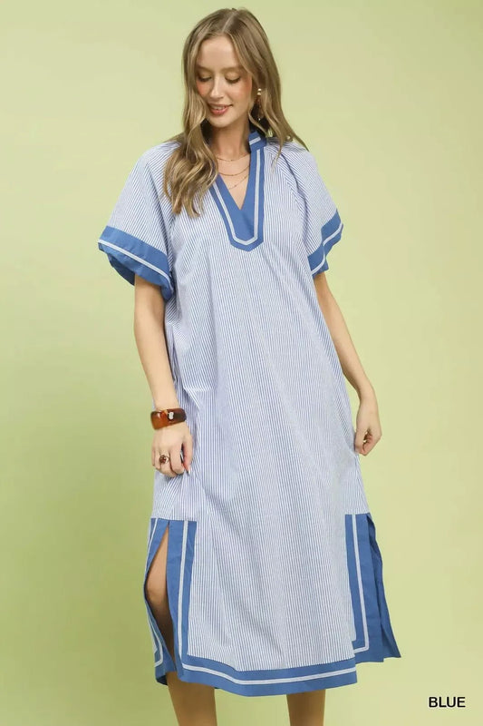 Umgee Pinstripe Contrast Trim Midi Dress - Bitsy Gypsy Boutique