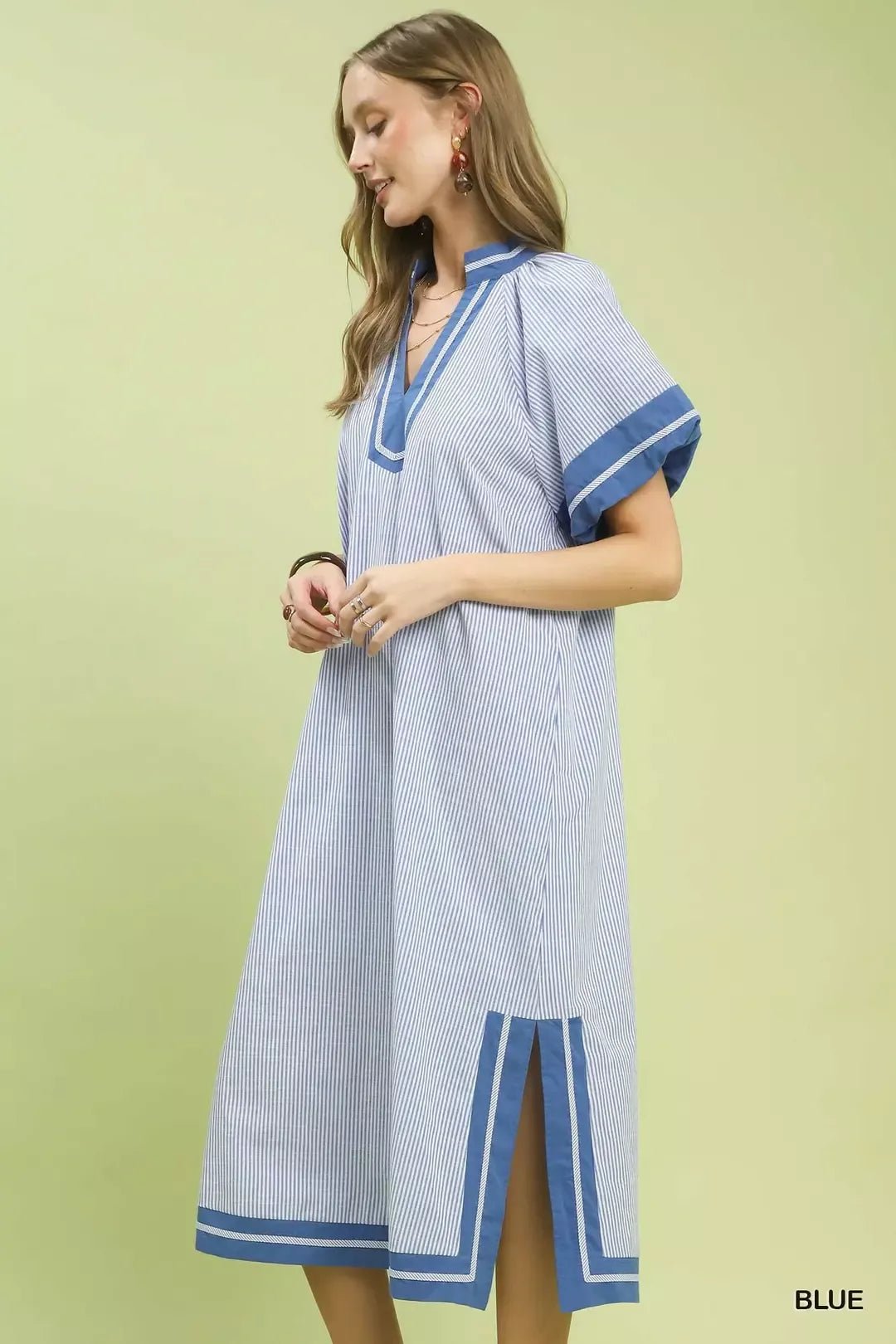 Umgee Pinstripe Contrast Trim Midi Dress - Bitsy Gypsy Boutique