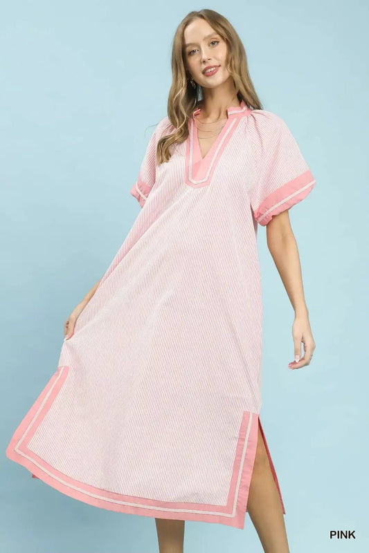 Umgee Pinstripe Contrast Trim Midi Dress - Bitsy Gypsy Boutique
