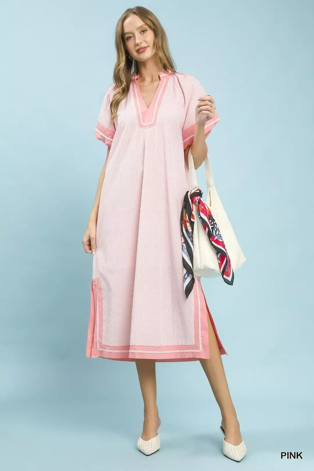 Umgee Pinstripe Contrast Trim Midi Dress - Bitsy Gypsy Boutique