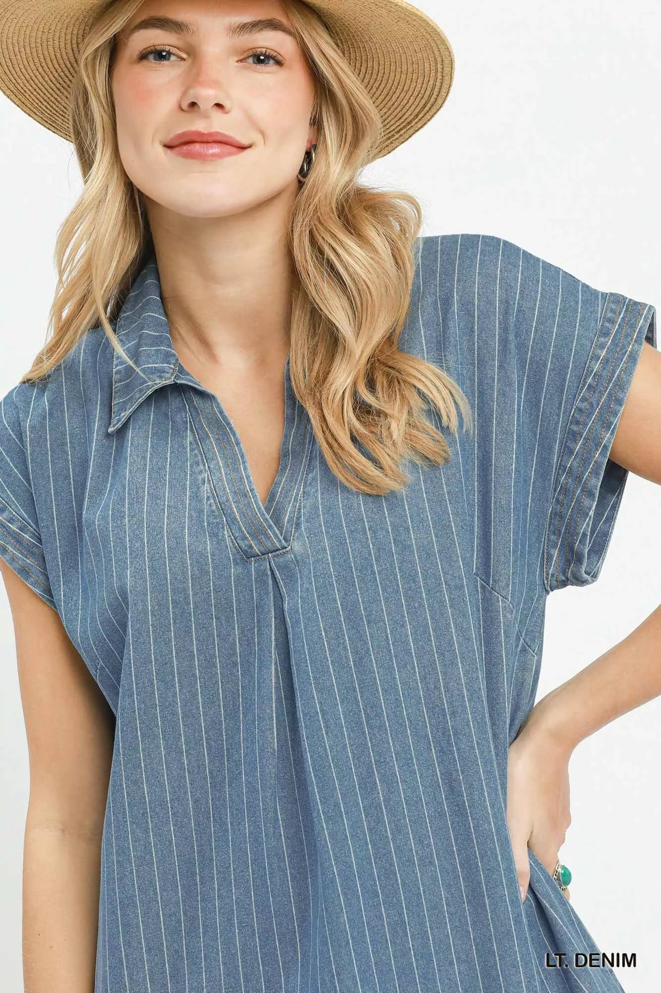 Umgee Pinstripe Denim Collared Midi Dress with Side Slits - Bitsy Gypsy Boutique