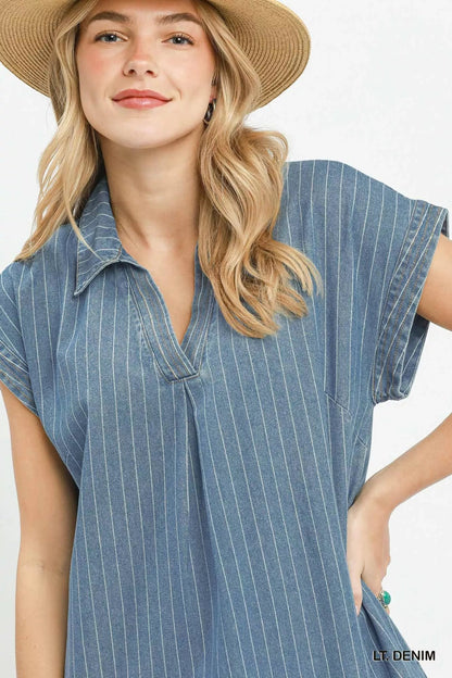 Umgee Pinstripe Denim Collared Midi Dress with Side Slits - Bitsy Gypsy Boutique