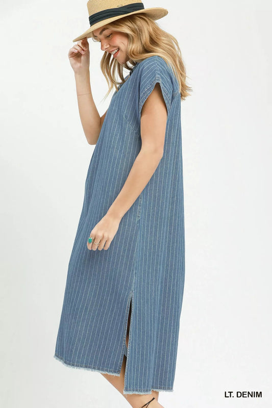 Umgee Pinstripe Denim Collared Midi Dress with Side Slits - Bitsy Gypsy Boutique