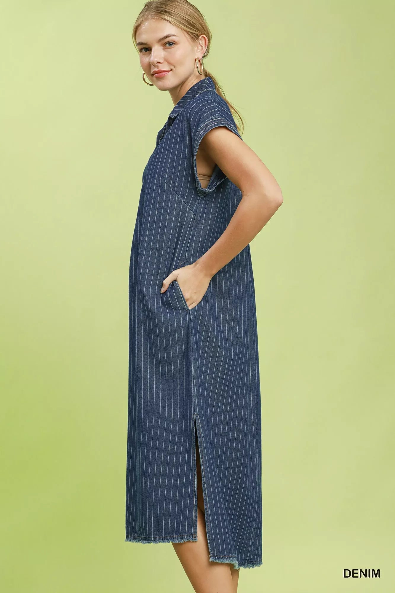 Umgee Pinstripe Denim Collared Midi Dress with Side Slits - Bitsy Gypsy Boutique