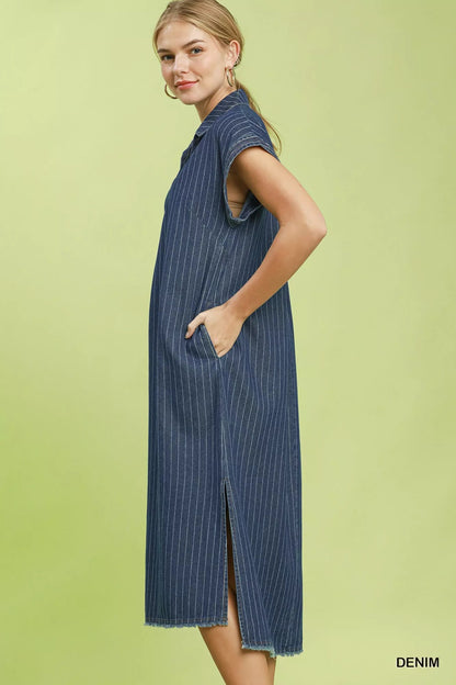 Umgee Pinstripe Denim Collared Midi Dress with Side Slits - Bitsy Gypsy Boutique