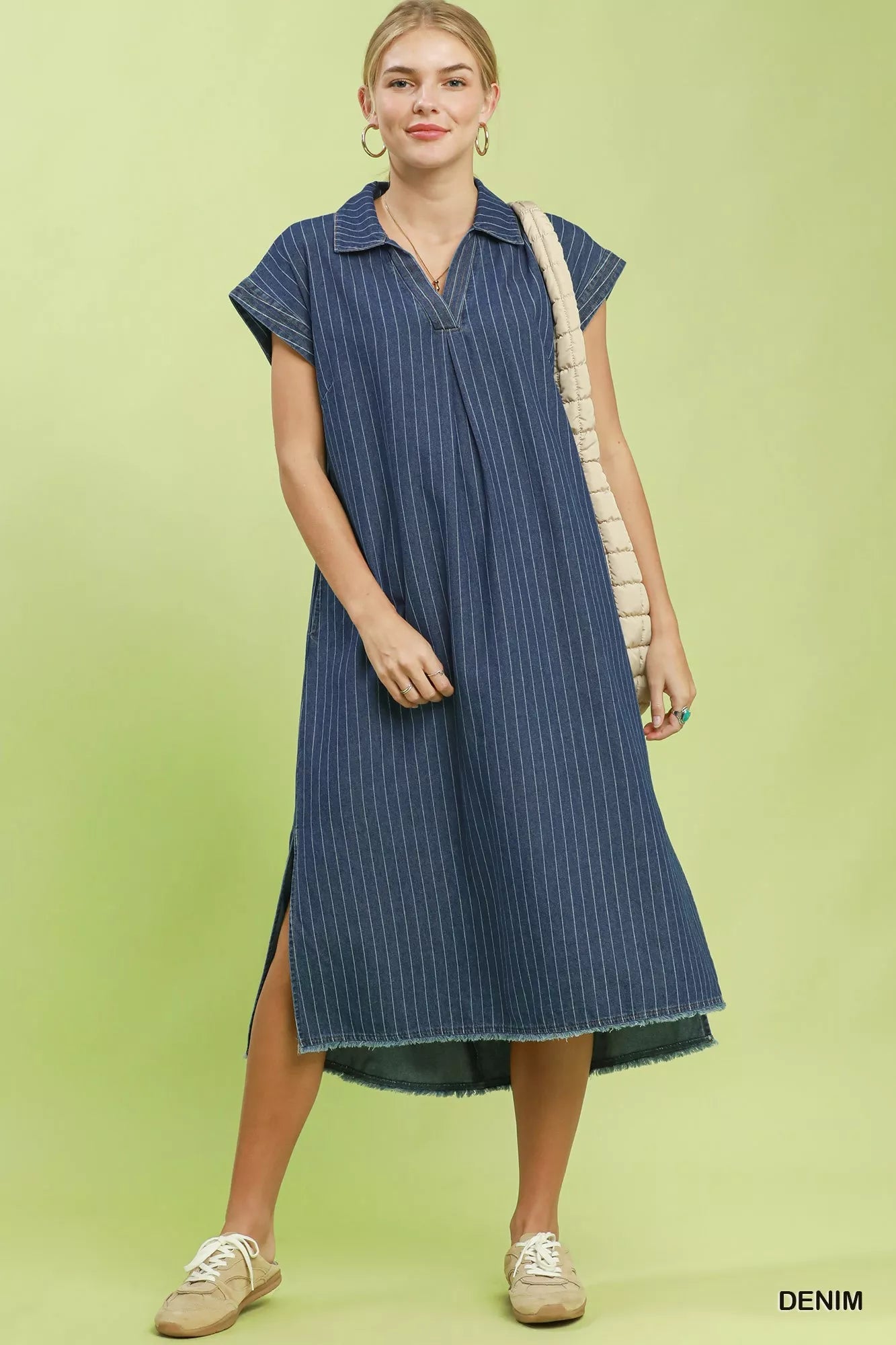 Umgee Pinstripe Denim Collared Midi Dress with Side Slits - Bitsy Gypsy Boutique