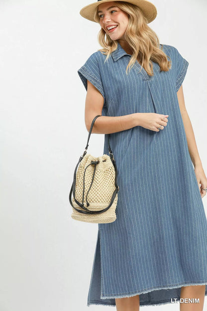 Umgee Pinstripe Denim Collared Midi Dress with Side Slits - Bitsy Gypsy Boutique