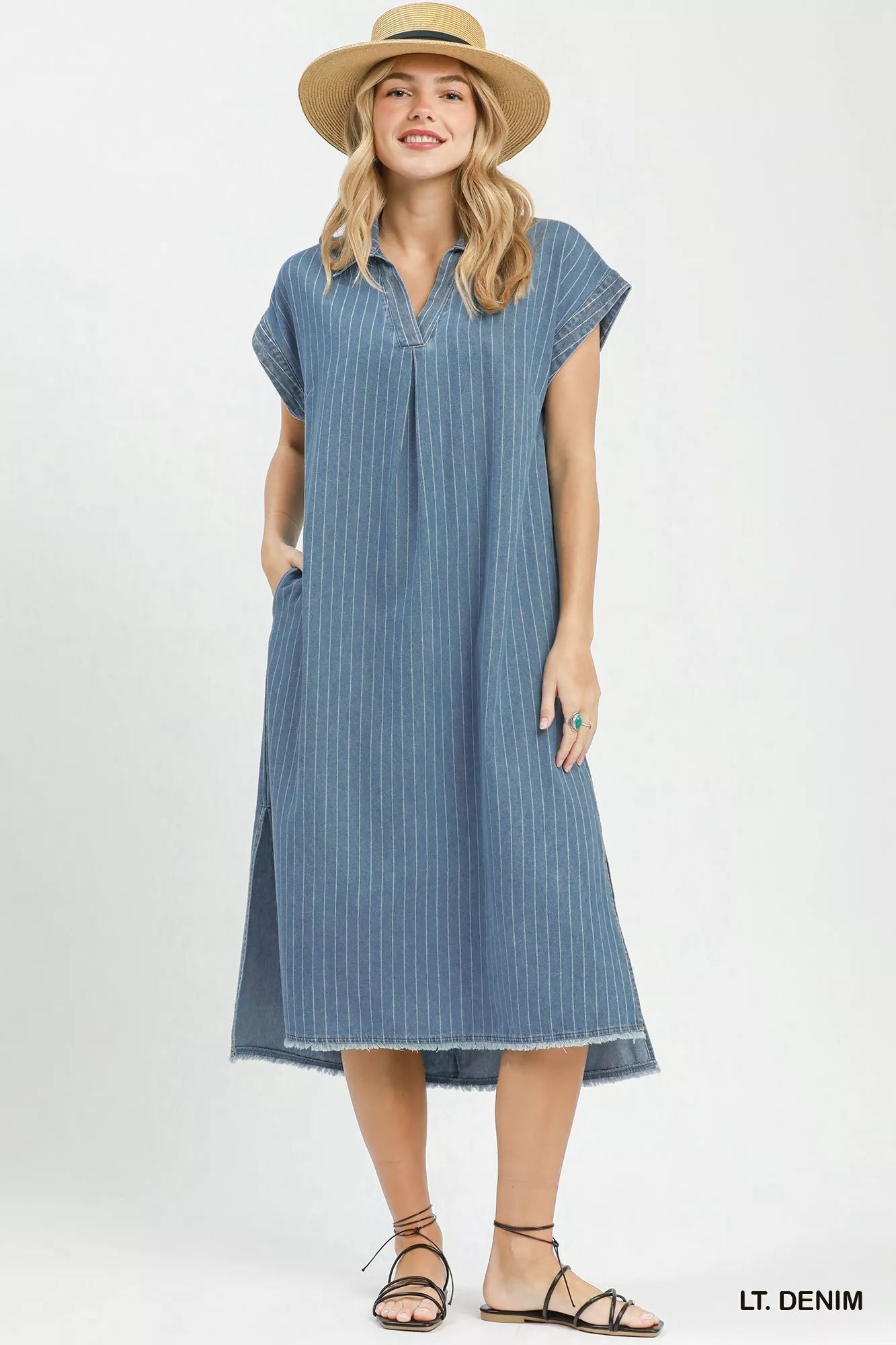 Umgee Pinstripe Denim Collared Midi Dress with Side Slits - Bitsy Gypsy Boutique