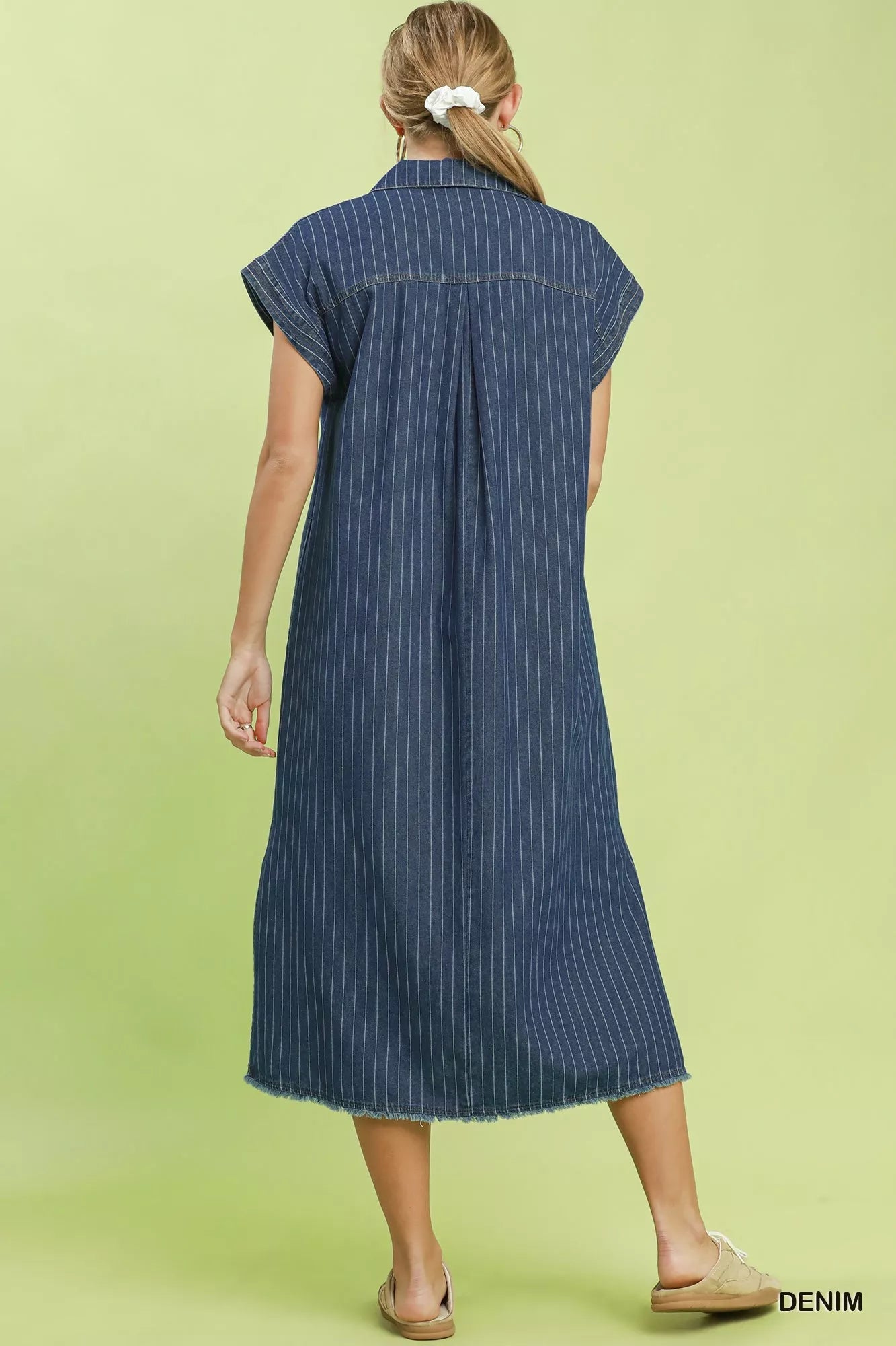 Umgee Pinstripe Denim Collared Midi Dress with Side Slits - Bitsy Gypsy Boutique