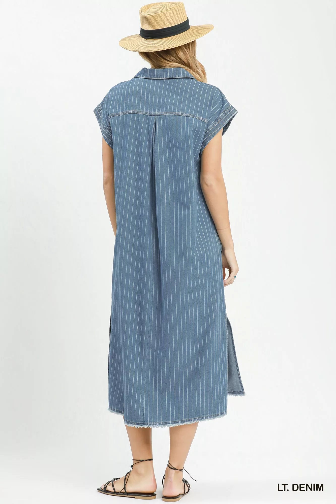 Umgee Pinstripe Denim Collared Midi Dress with Side Slits - Bitsy Gypsy Boutique