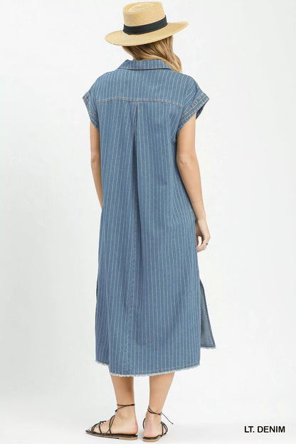 Umgee Pinstripe Denim Collared Midi Dress with Side Slits - Bitsy Gypsy Boutique