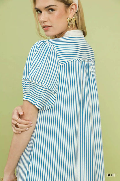 Umgee Pinstripe Shift Dress with Contrast Trim - Bitsy Gypsy Boutique