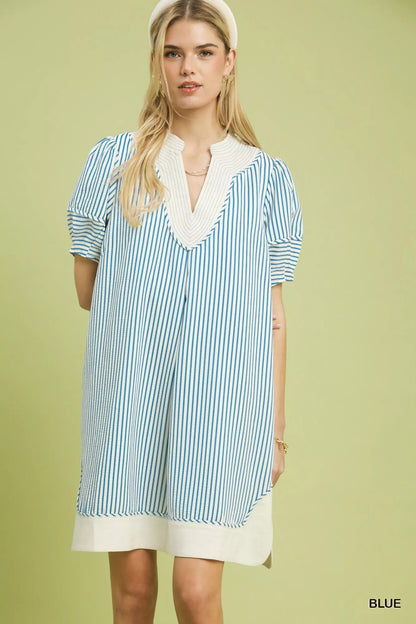 Umgee Pinstripe Shift Dress with Contrast Trim - Bitsy Gypsy Boutique