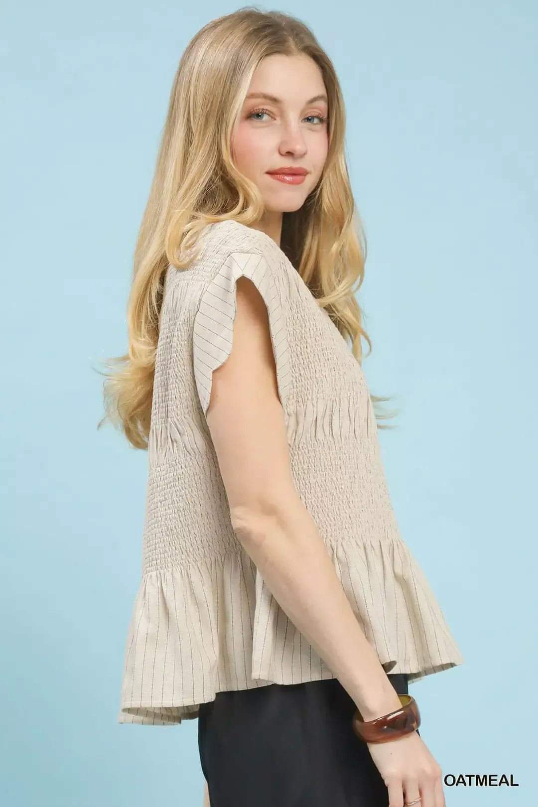 Umgee Pinstripe Smocked Peplum Top - Bitsy Gypsy Boutique