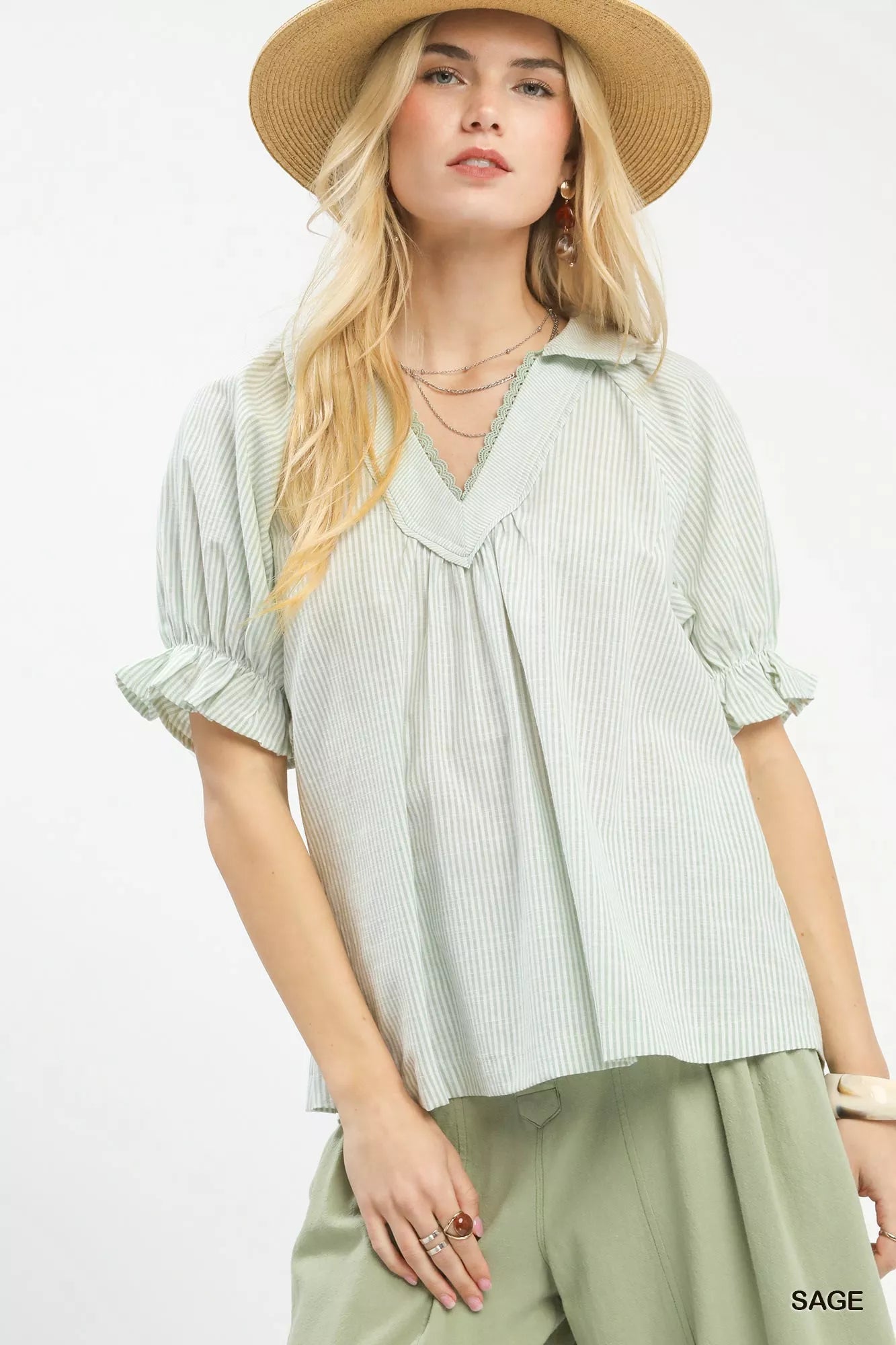 Umgee Pinstripe V - Neck Ruffle Sleeve Blouse - Bitsy Gypsy Boutique