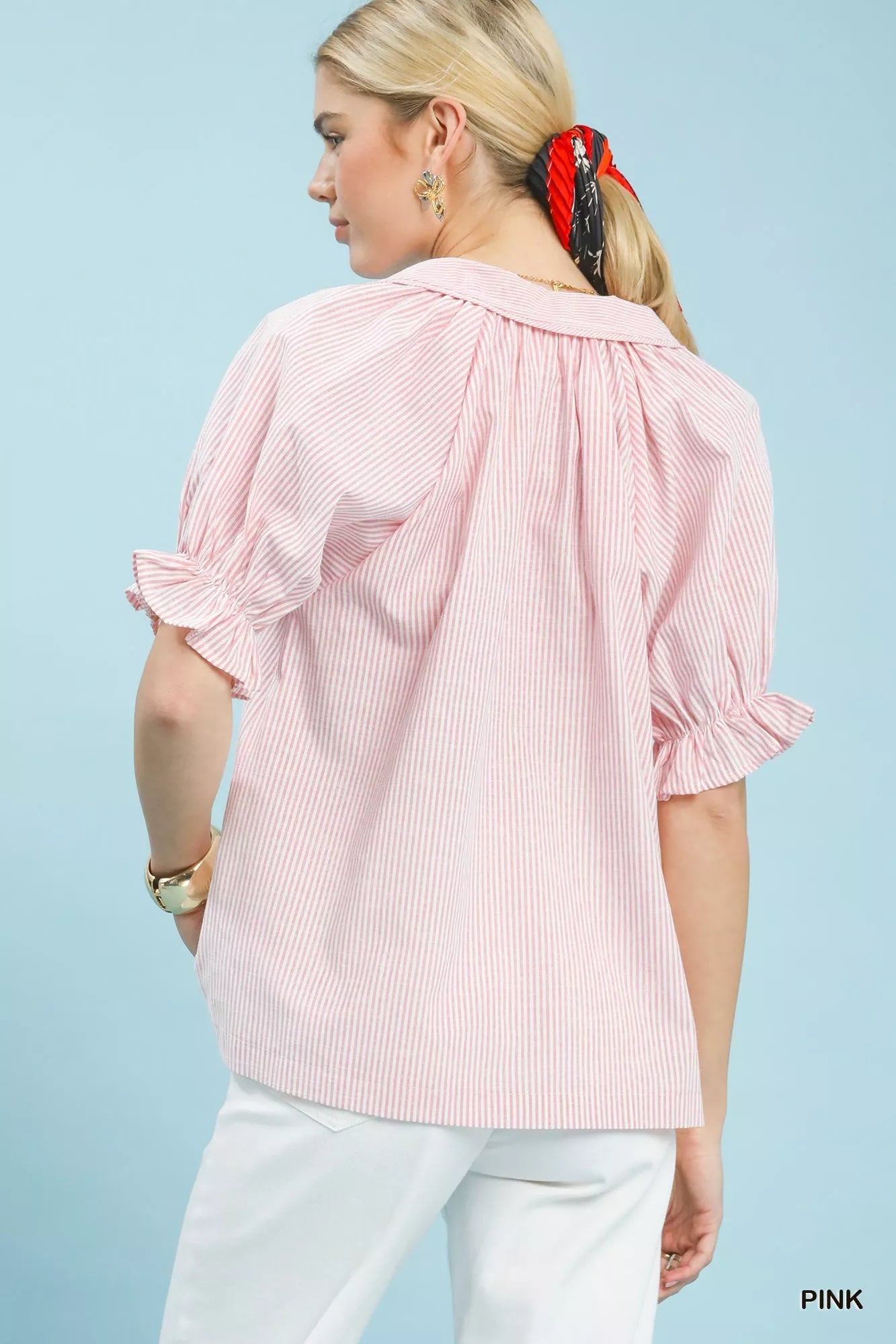 Umgee Pinstripe V - Neck Ruffle Sleeve Blouse - Bitsy Gypsy Boutique