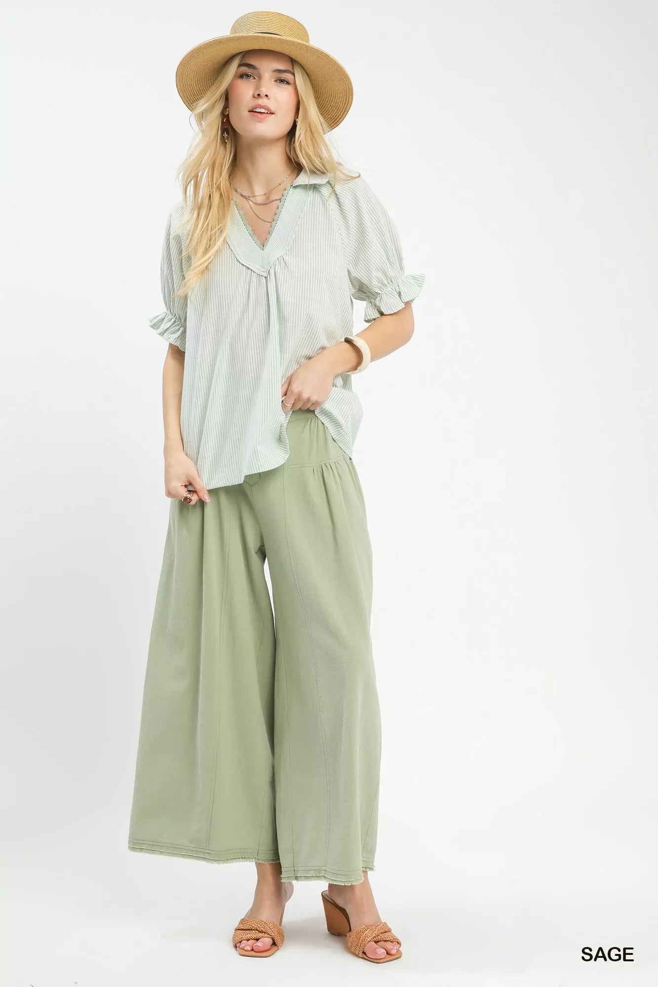 Umgee Pinstripe V - Neck Ruffle Sleeve Blouse - Bitsy Gypsy Boutique
