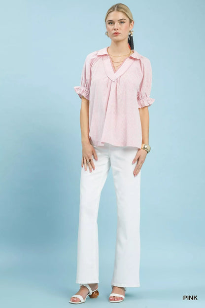 Umgee Pinstripe V - Neck Ruffle Sleeve Blouse - Bitsy Gypsy Boutique