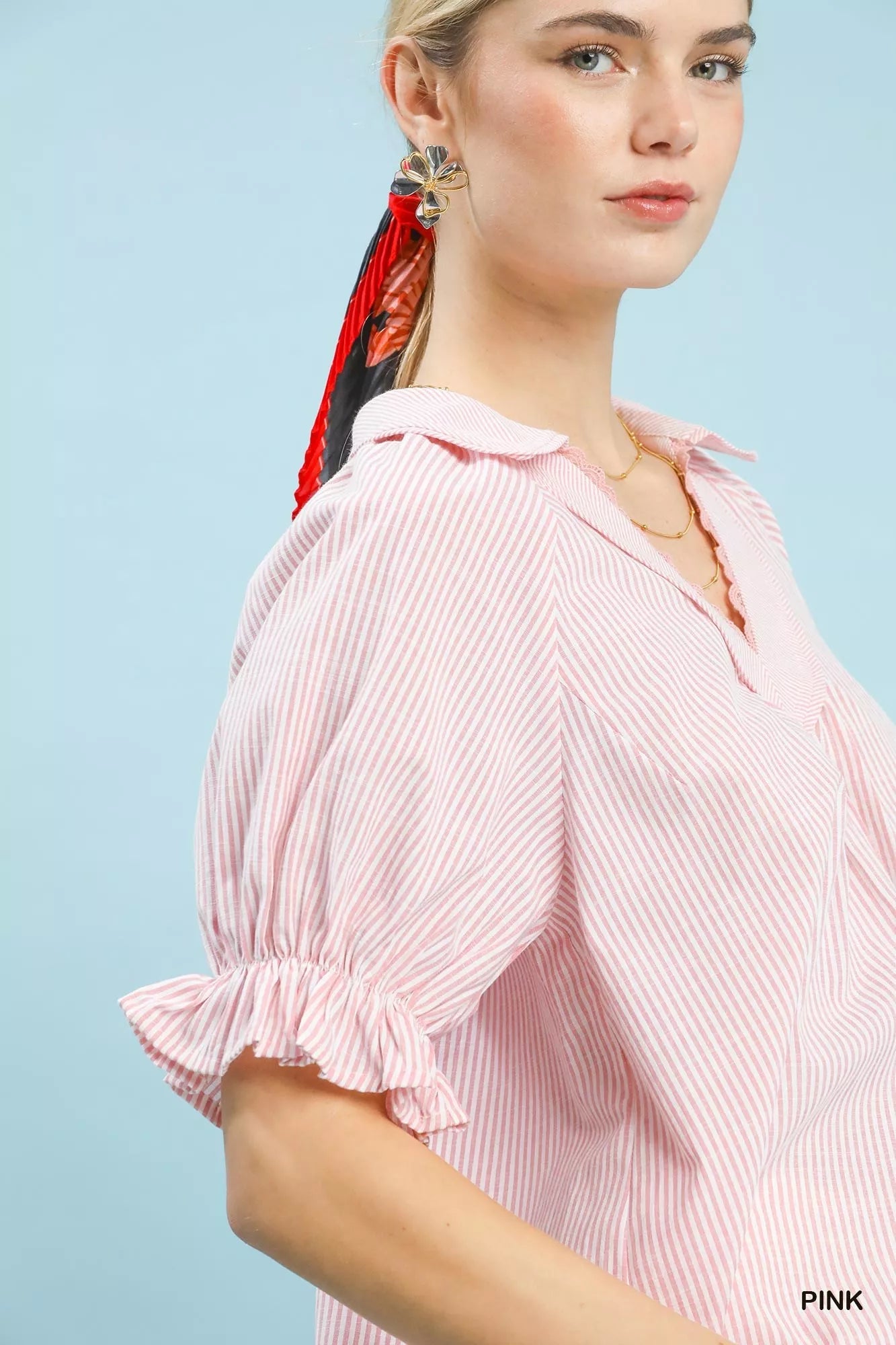 Umgee Pinstripe V - Neck Ruffle Sleeve Blouse - Bitsy Gypsy Boutique