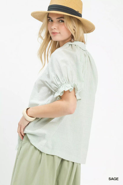 Umgee Pinstripe V - Neck Ruffle Sleeve Blouse - Bitsy Gypsy Boutique