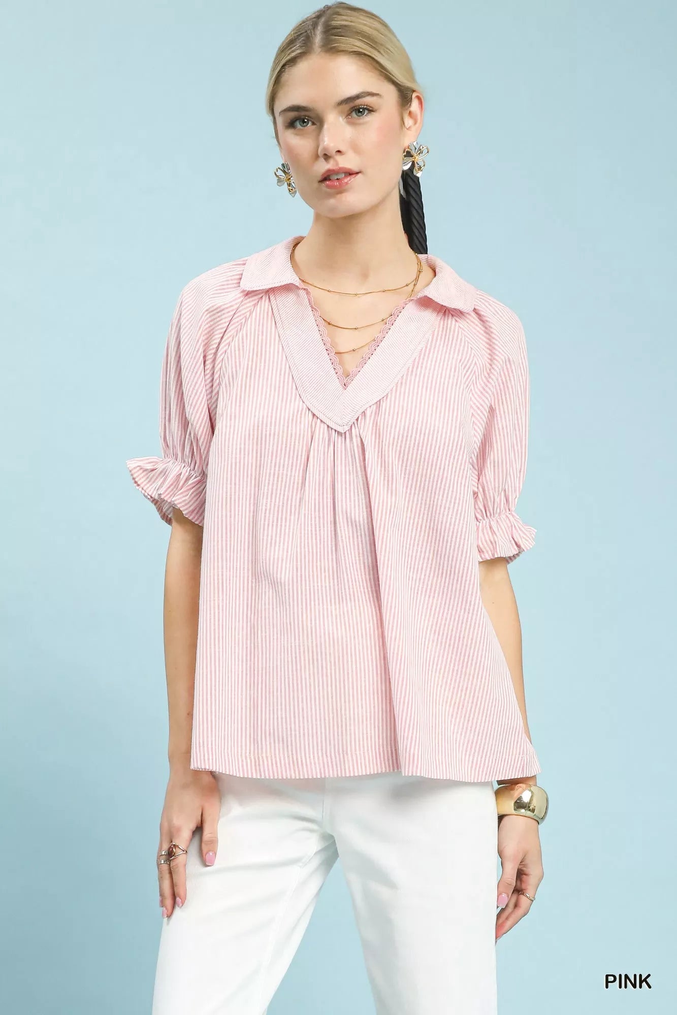 Umgee Pinstripe V - Neck Ruffle Sleeve Blouse - Bitsy Gypsy Boutique