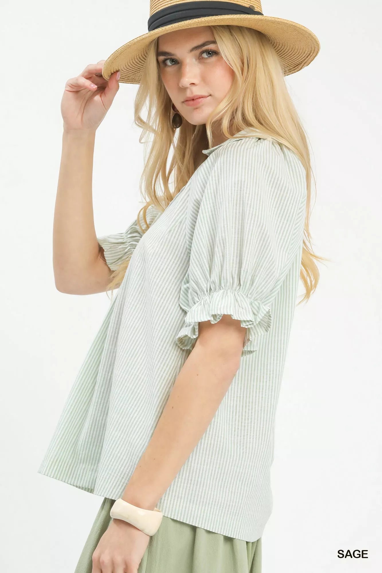 Umgee Pinstripe V - Neck Ruffle Sleeve Blouse - Bitsy Gypsy Boutique